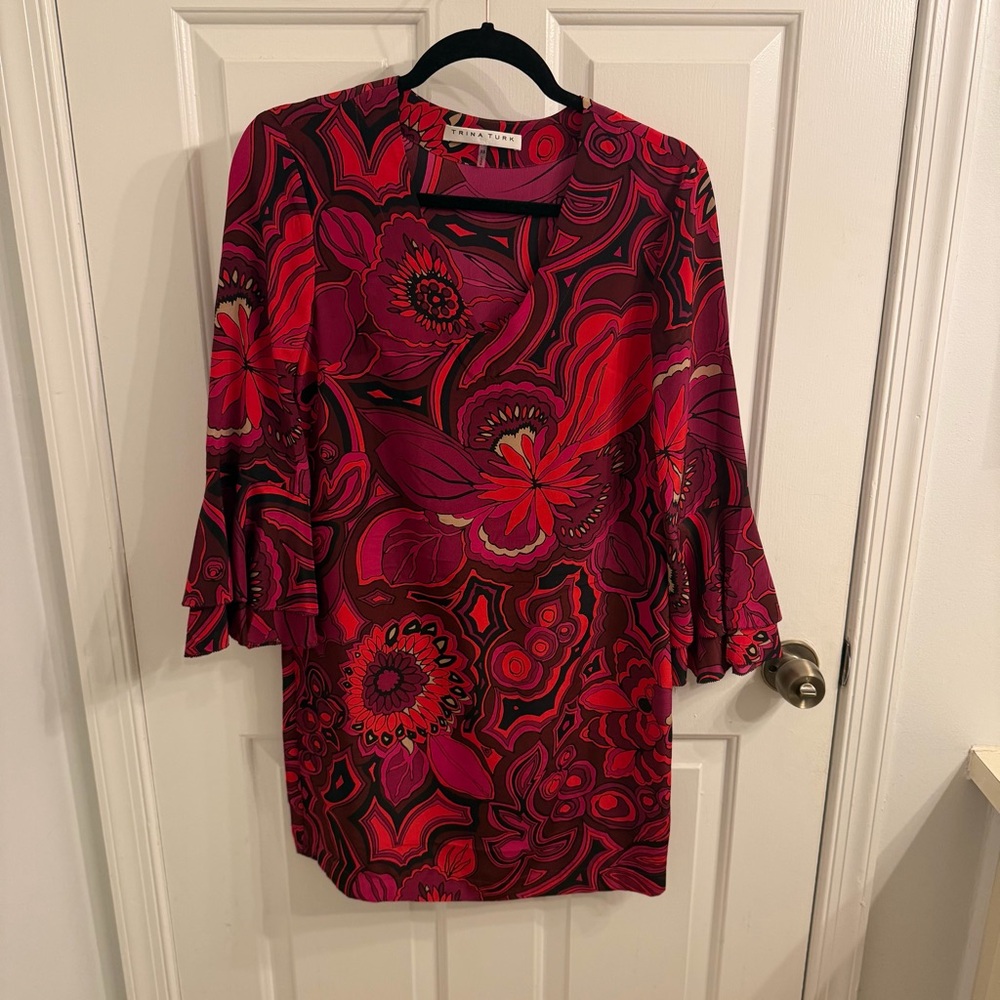 Trina Turk Pink and Red Silk Abstract Floral Shift Dress